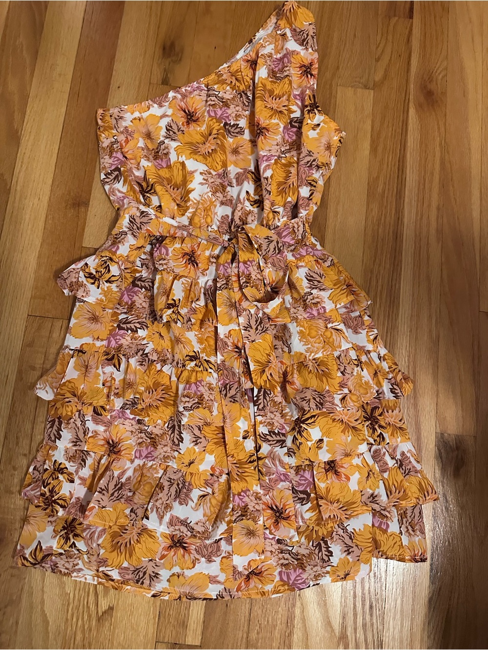 Amazon Yellow Floral One-Shoulder Ruffle Dress